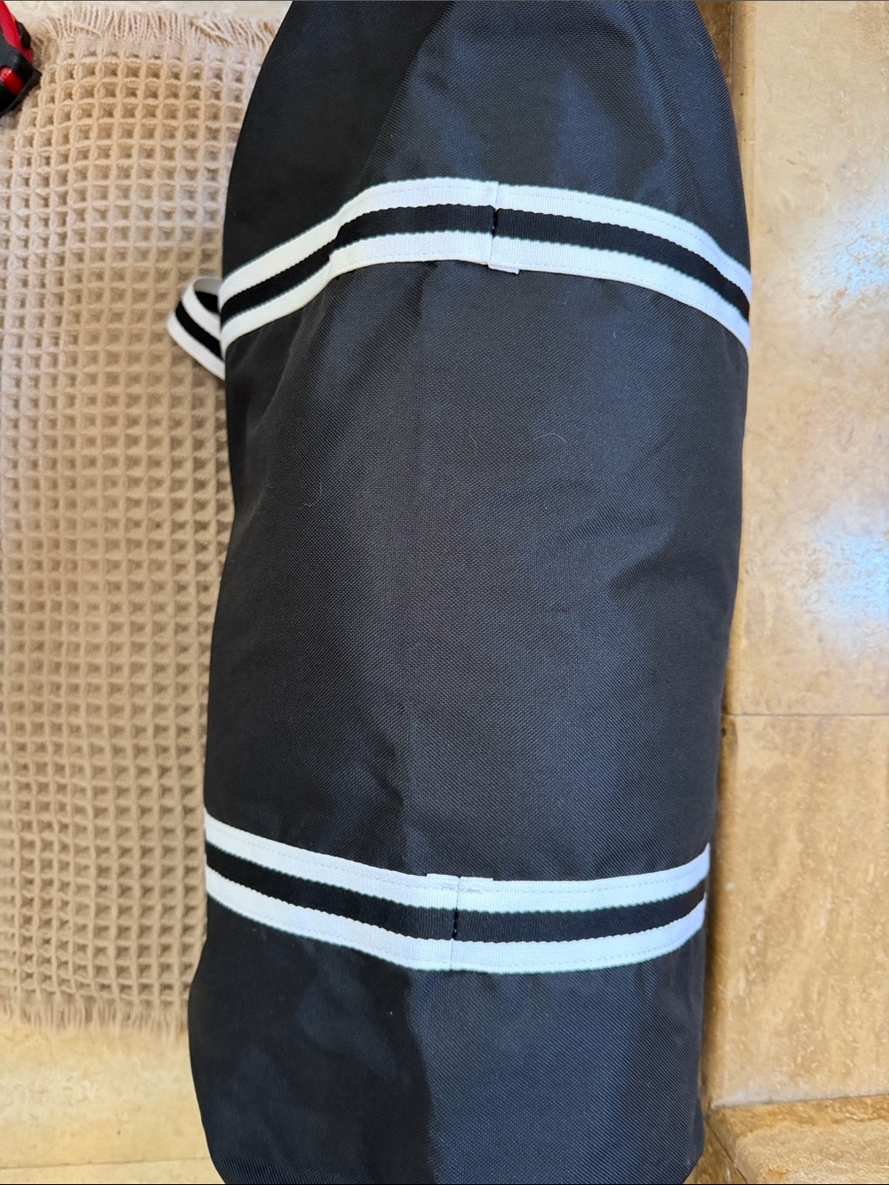 Nike Black Duffel Bag with White Swoosh and Striped Straps overnight gym sports - Picture 7 of 11